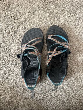 Chaco Black Sandals with Teal and Multicolor Chevron Straps